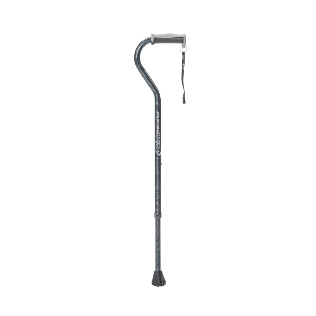 The Drive Airgo Comfort-Plus Aluminum Cane with Offset Handle, featuring a black finish, wrist strap, and rubber tip, stands upright against a white background—ideal for everyday mobility support.